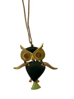 Vintage Art© Gold-Tone Enamel Owl Pendant Necklace Green & Yellow Accents 24" Ch
